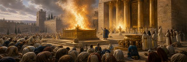 Fire descending on the temple altar while Solomon and the people bow in worship